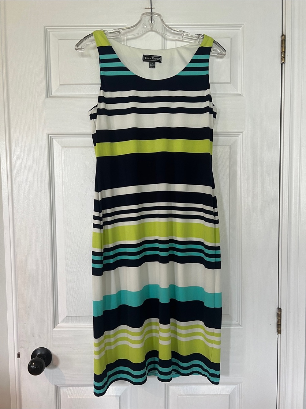Jessica Howard Striped Sleeveless Midi Dress in Navy, Teal & Lime